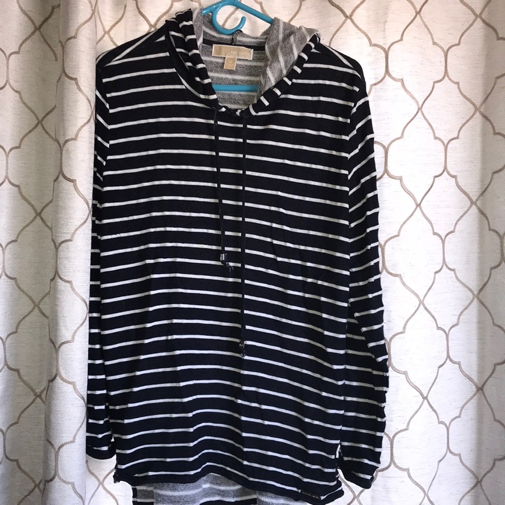 Blue and white striped MK hoodie.